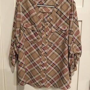 Cato Plaid Blouse in Tan and Red